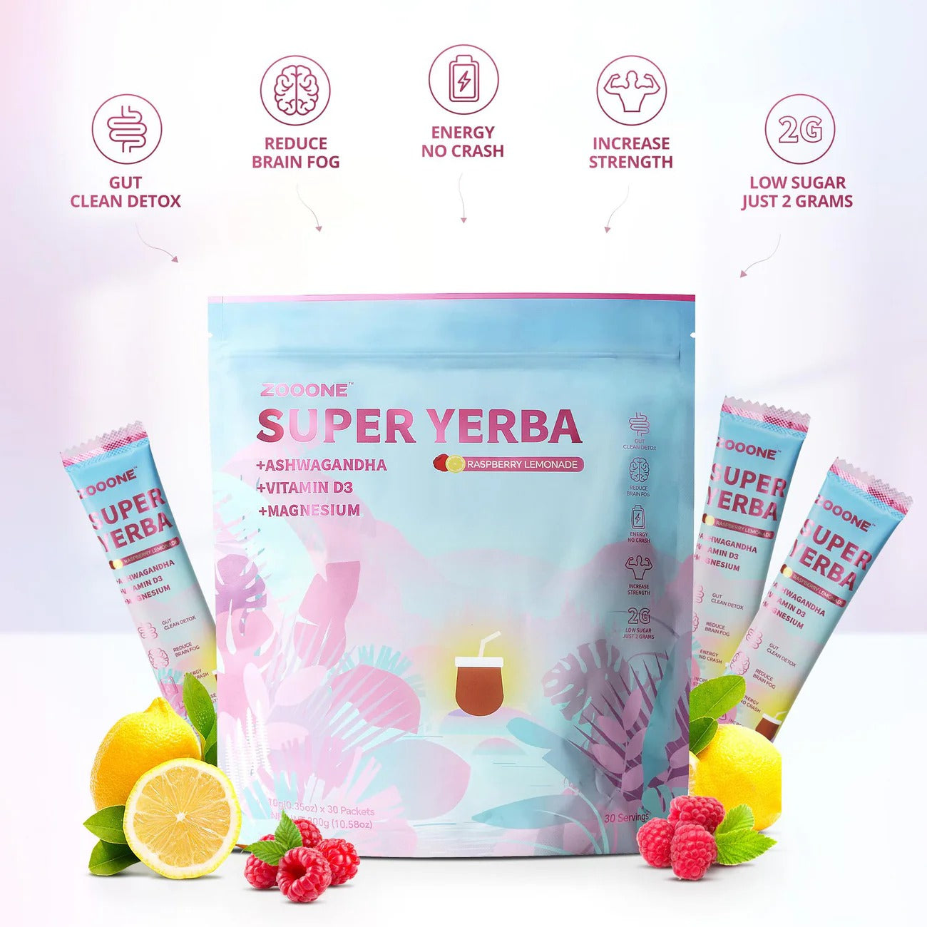 Zooone Super Yerba | Yerba Mate Instant Drink Powder | RASPBERRY LEMONADE Flavor